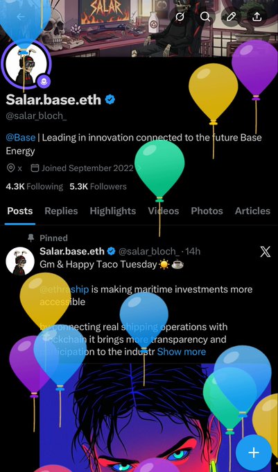A Twitter/X profile screenshot for 'Salar.base.eth' (@salar.bloch_) with 4.3K Following and 5.3K Followers, overlaid with floating colorful balloons, showing a pinned tweet about Taco Tuesday and maritime investments.