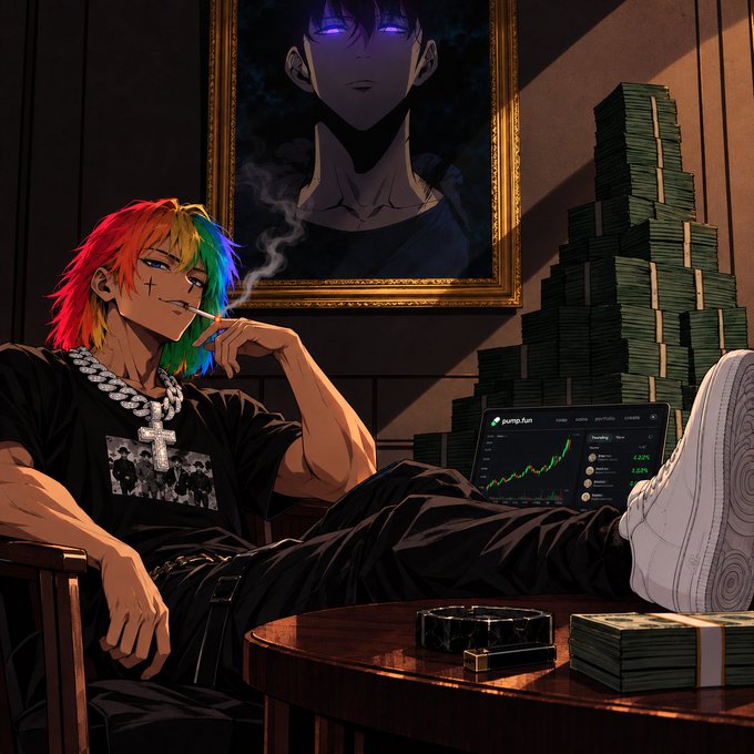 An anime-style illustration depicts a character with rainbow-colored hair smoking a cigarette while reclining, surrounded by stacks of money and a laptop showing a pump.fun chart, with a framed portrait of a purple-eyed figure on the wall.
