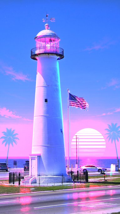 A vibrant, stylized image of a tall white lighthouse with an American flag flying beside it, set against a bright pink and blue sky with a setting sun and palm trees in a vaporwave aesthetic.