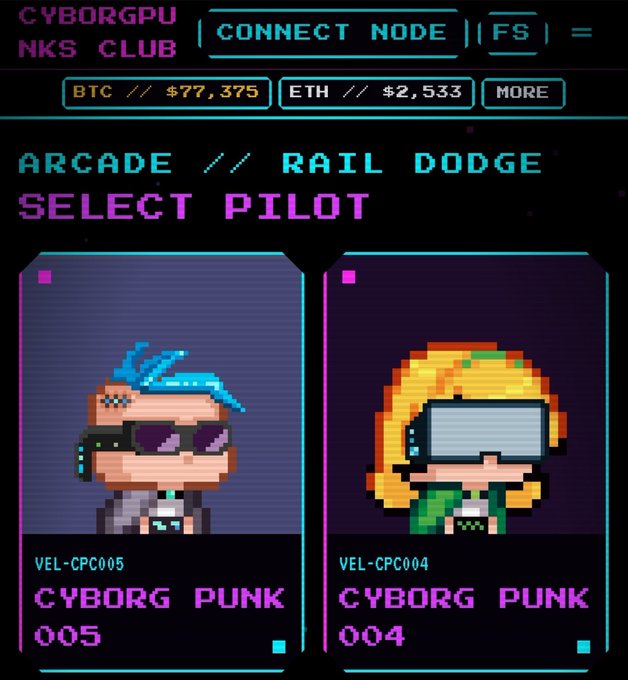A cyberpunk-style 'ARCADE // RAIL DODGE SELECT PILOT' screen from CYBORG PUNK CLUB showing two character cards: 'CYBORG PUNK 005' (VEL-CPC005) with blue hair and sunglasses, and 'CYBORG PUNK 004' (VEL-CPC004) with blonde hair and a VR headset, alongside BTC price $77,375 and ETH price $2,533.