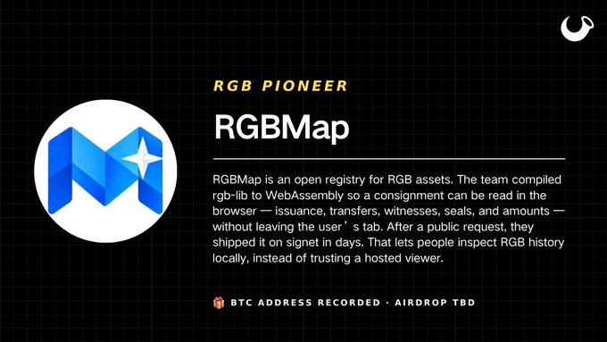 A promotional graphic for 'RGB PIONEER RGBMap' featuring a blue and white logo, with text describing it as an open registry for RGB assets, noting a BTC address was recorded with an airdrop TBD.