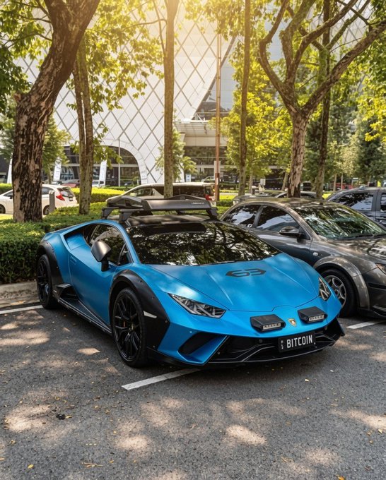 A bright blue Lamborghini Huracán Sterrato with a roof rack and "1 BITCOIN" license plate is parked beside a dark sports car, fitting the post's hopeful message for a green day in both the stock and crypto markets.