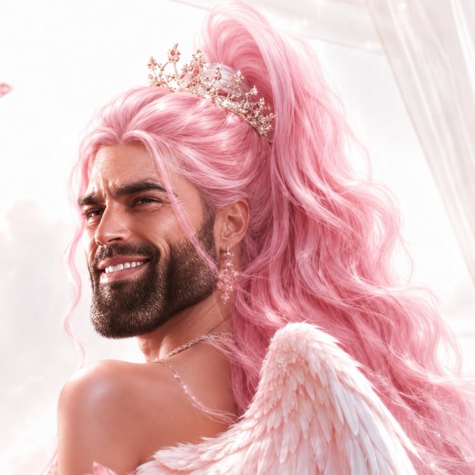 A bearded man styled as a glamorous fairytale angel with voluminous pink hair, a sparkling tiara, pink drop earrings, and feathered wings smiles at the camera, embodying a "main character" fantasy aesthetic that humorously reflects a confidence boost or upward momentum.