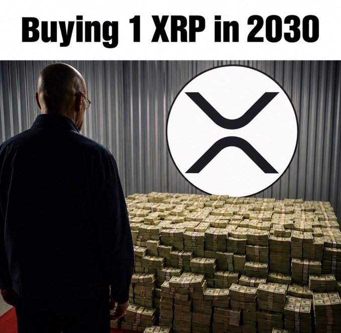 The image features bold text at the top reading "Buying 1 XRP in 2030," with a man standing before massive stacks of cash beneath the XRP logo. The post draws a parallel to Bitcoin's early days, suggesting that just as 1 BTC became extraordinarily valuable, holding a single XRP today positions investors similarly ahead of an anticipated major price surge.