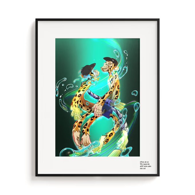 A framed poster illustration depicting two abstract, animal-patterned characters in dynamic poses surrounded by flowing water or energy against a green background.