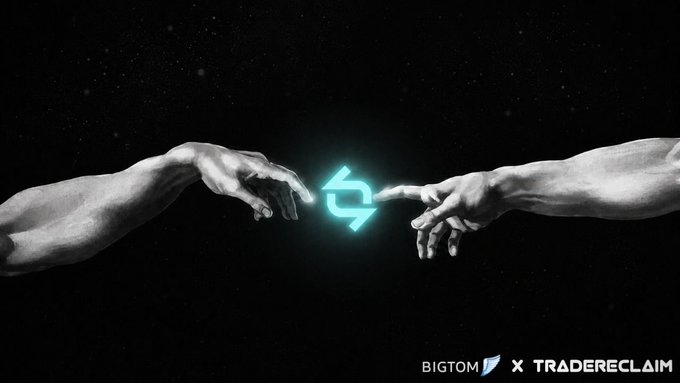 Two hands reach toward each other against a starry black backdrop, with a glowing teal "S" symbol between them, referencing Michelangelo's "Creation of Adam" to suggest a moment of connection or realization. The bottom right corner displays "BIGTOM x TRADERECLAIM," tying the visual metaphor of reaching out to the post's message about reclaiming a portion of trading fees you didn't know you were leaving behind.