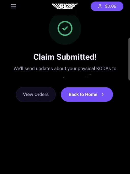 Mobile app confirmation screen with a green checkmark and 'Claim Submitted!' text, mentioning updates will be sent about physical KODAs, with 'View Orders' and 'Back to Home' buttons.