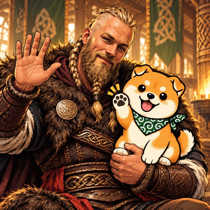An illustration of a bearded Viking warrior waving while holding a cartoon Shiba Inu dog wearing a green bandana.