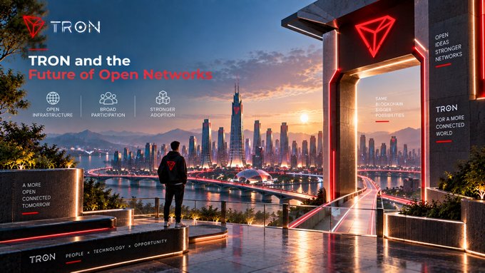 TRON promotional banner titled 'TRON and the Future of Open Networks' showing a person in a TRON jacket overlooking a futuristic cityscape, with themes of Open Infrastructure, Broad Participation, and Stronger Communities.