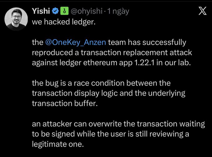 A tweet from Yishi (@ohyishi) stating 'we hacked ledger,' explaining that the @OneKey_Anzen team successfully reproduced a transaction replacement attack against Ledger Ethereum app 1.22.1 due to a race condition bug.