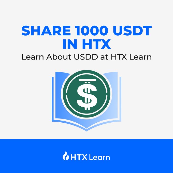 The image features an open book with a green dollar sign on top of it, accompanied by the text "Learn About USDD at HTX Learn". The title of the post is "HTX Learn & Earn! Share $1000 in Rewards RT + Ace the Quiz: bit.ly/3vKqAWw Follow @HTXAcademy @usddio 100 lucky users will be randomly selected to share 500 USDD Join now for a chance to win!". The image and text are related, as they both promote learning about USDD at HTX.
