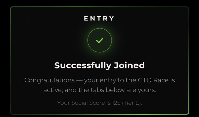 A dark-themed confirmation screen reading 'ENTRY Successfully Joined' with text 'Congratulations — your entry to the GTD Race is active, and the tabs below are yours. Your Social Score is 125 (Tier E).'