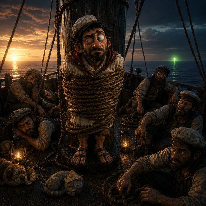 A stylized, cartoonish digital artwork depicting a wide-eyed sailor tied to a mast with thick rope on a ship at sunset, surrounded by exhausted crew members and two cats.