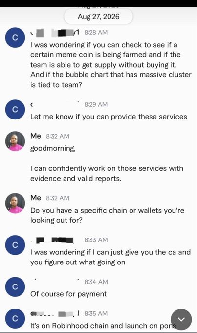 A screenshot of a chat conversation from August 27, 2026, discussing services to check if a certain meme coin is being farmed and supply distribution on the Robinhood chain and Solana.