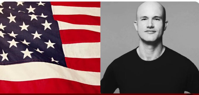 A split image showing a close-up of an American flag on the left and a black-and-white portrait of a bald man in a black shirt on the right.