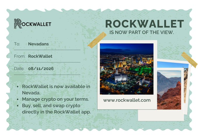 A postcard-style promotional graphic from RockWallet announcing its availability in Nevada, addressed to 'Nevadans' and dated 08/11/2026, featuring photos of Las Vegas at night and a red rock canyon landscape.