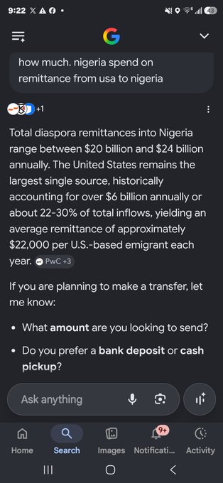 A Google search result on mobile answering 'how much Nigeria spend on remittance from USA to Nigeria,' citing $20-24 billion annually with the US as the largest source.