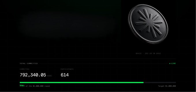 A dark fundraising dashboard for a crypto presale showing a black coin/token logo, total committed of 792,340.05 USDC from 614 participants at 79% of the $1,000,000 target.
