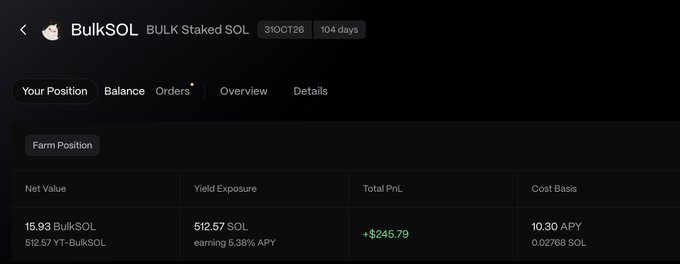 A screenshot of a BulkSOL (BULK Staked SOL) farming position showing a net value of 15.93 BulkSOL (512.57 YT-BulkSOL), a yield exposure of 512.57 SOL earning 5.38% APY, and a total PnL of +$245.79 in green, visually confirming the poster's claim of waking up to a $245 profit from YT-BulkSOL.