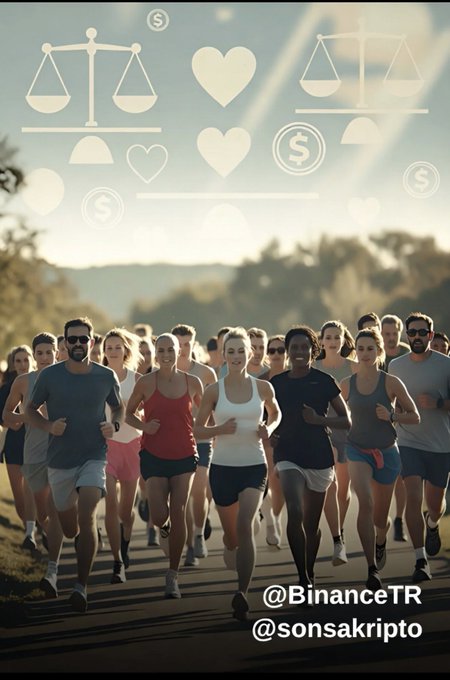 A group of diverse runners jogs together on a sunlit path beneath floating icons of hearts, scales of justice, and dollar signs, visually symbolizing the balance of body, mind, and money. The text "@BinanceTR @sonsakripto" appears in the corner, tying the scene to the post's message about Binance TR fostering a holistic "good life" ecosystem that unites fitness, well-being, and disciplined financial culture through sport.