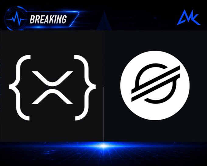 'BREAKING' news-style graphic displaying two cryptocurrency logos: the XRP symbol on the left and the XLM (Stellar) symbol on the right, against a dark blue background.