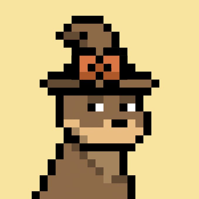 Pixel art depicting a brown cat or creature wearing a witch's hat with an orange bow, set against a yellow background.