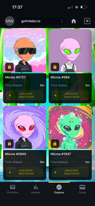 A mobile screenshot of gotmlabz.io showing an NFT collection of alien characters labeled 'Micros' with various numbers, all currently locked with unlock dates of 28/07/2026.
