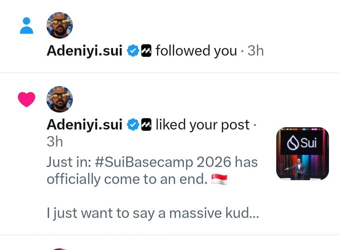 A social media screenshot showing notifications from 'Adeniyi.sui' regarding following and liking a post about '#SuiBasecamp 2026' coming to an end.