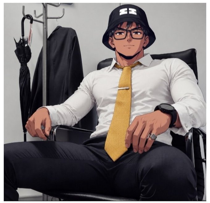 An anime-style illustration of a young man with glasses, a black bucket hat, white shirt, and gold tie, sitting confidently in a chair.