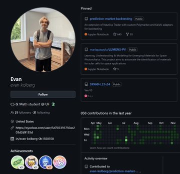 In the image, a woman named Evan shares her profile on a software platform, highlighting contributions valued at $59,698, as well as 855 in the last year.  The image was taken because Evan created a simulator that was released on GitHub in full.