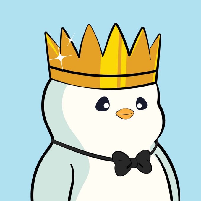 A cartoon penguin character with a yellow crown and black bow tie on a light blue background.