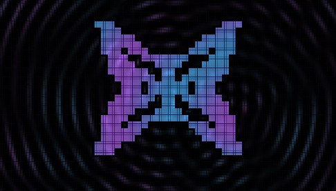 A pixelated, grid-patterned letter 'M' in purple and blue tones set against a dark background with concentric circular ripple effects.