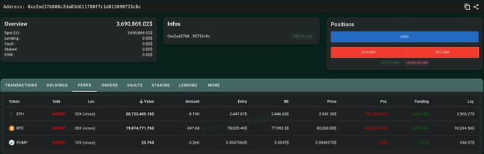 A cryptocurrency portfolio dashboard showing a total value of 3,690,869.02$ with positions in USDC, ETH-USD, and BTC-USD.