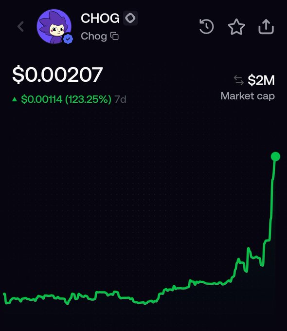 A cryptocurrency price chart for the token 'CHOG' showing a price of $0.00207, a market cap of $2M, and a significant 123.25% gain over 7 days represented by a green upward trending line.