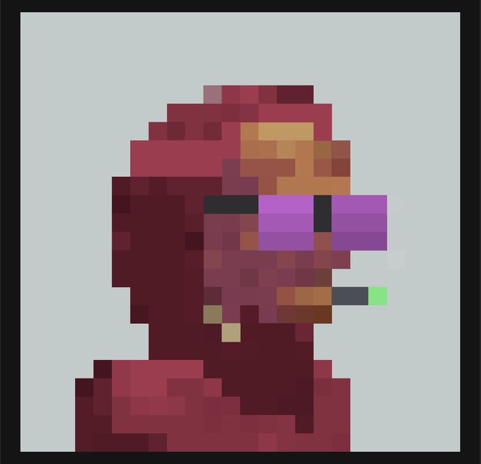A heavily pixelated, low-resolution side-profile illustration of a figure with maroon hair wearing purple sunglasses and smoking, rendered in a blocky retro style.