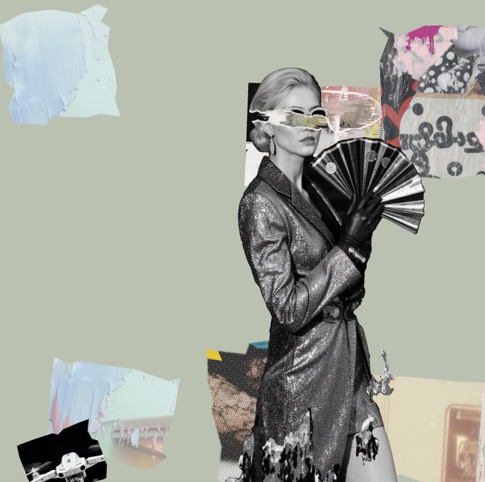 A fashion collage features a black-and-white image of a woman in a sparkly blazer holding a decorative fan, with a painted strip across her eyes, set against a sage green background with abstract painted elements.