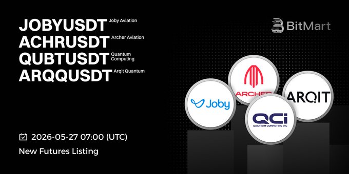 The image features a poster for an event, with a black background and white text. The poster displays various logos of companies such as Jobysudt, ArchisDT, QubTusDT, and ArqQUSDT. These logos are arranged in a circular pattern on the poster, creating a visually appealing layout. The event is scheduled to take place at the end of June, with an expected date of 26-07-07. The poster also includes information about future listing opportunities for BitMart Futures.