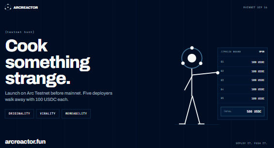 An 'ARCREACTOR' promotional graphic features a stick figure and the text 'Cook something strange,' promoting a testnet hunt with a 500 USDC prize.