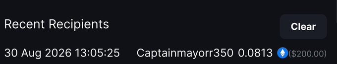 A "Recent Recipients" history entry shows a $200.00 transaction (0.0813 ETH) sent to **Captainmayorr350** on August 30, 2026 at 13:05:25, with a "Clear" button to remove the record. The image appears to be proof-of-payment supporting the user's claim of sending $200 to the tipper.