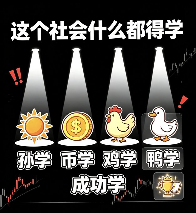 A Chinese meme illustrating various "studies" with spotlight icons, labeled "孙学" (Sun Studies, shown with a sun), "币学" (Coin Studies, with a dollar coin), "鸡学" (Chicken Studies), "鸭学" (Duck Studies), and "成功学" (Success Studies, with a trophy), under the header "这个社会什么都得学" (In this society, you have to study everything). The image humorously visualizes the tweet's mention of Sun Yuzheng's "Sun Studies" and Changpeng Zhao's "Coin (Must) Studies," poking fun at the abundance of self-help philosophies in modern society.