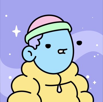 A stylized cartoon character with blue skin, wearing a pink and green beanie, peeks out from a fluffy yellow cloud-like form against a purple starry background. The image relates to the post as it depicts a Doodle NFT character, which the poster just acquired as their first piece from the @doodles collection.