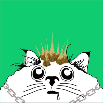 A digital illustration of a white cat with large black eyes wearing a gold chain and a golden crown, set against a green background.