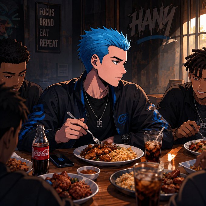 An anime-style illustration depicts a blue-haired male character eating a meal with companions, with a 'FOCUS GRIND EAT REPEAT' sign and 'HANY' graffiti visible in the background.