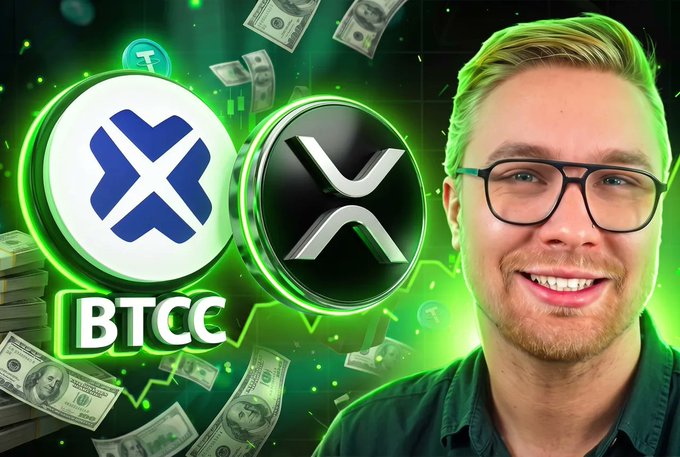 A young man with glasses smiles on the right side of a vibrant green-themed promotional graphic featuring the BTCC and XRP logos, alongside floating dollar bills and stock chart imagery. The bold text "BTCC" and the XRP symbol reinforce the post's call to action for signing up to win 5,000 $XRP at btcc.com.
