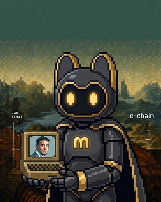 A pixel-art version of the same robot character holding an old computer displaying a man's face, with text '2026 STYLES' on the left and 'c-chain' on the right.