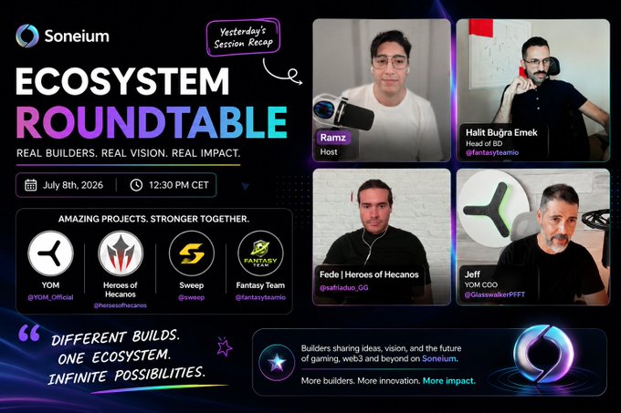A promotional graphic for the Soneium "Ecosystem Roundtable" held on July 8th, 2026, featuring participants Ramz, Halit Buğra Emek, Fede, and Jeff. The image highlights participating projects including YOM, Heroes of Hecanos, Sweep, and Fantasy Team.