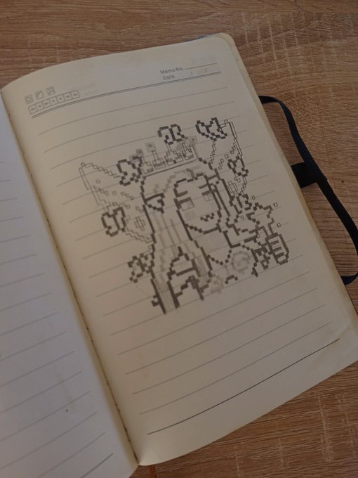 A pixel art drawing of a castle or fortress rendered in black and gray on the lined pages of a notebook titled 'Memo No.' with a 'Date' field.