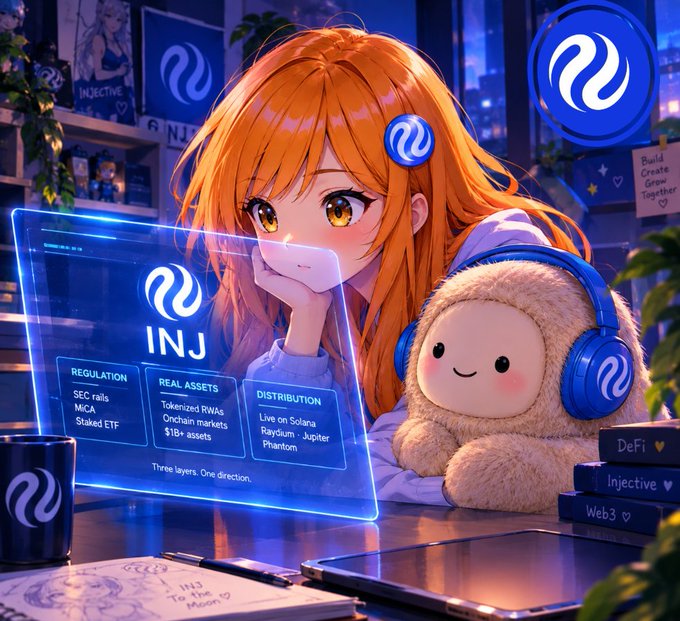 Anime-style illustration of an orange-haired girl sitting at a desk next to a fluffy white creature with blue Injective (INJ) headphones, with a holographic screen displaying 'INJ' and sections on 'REGULATION', 'REAL ASSETS', and 'DISTRIBUTION'.