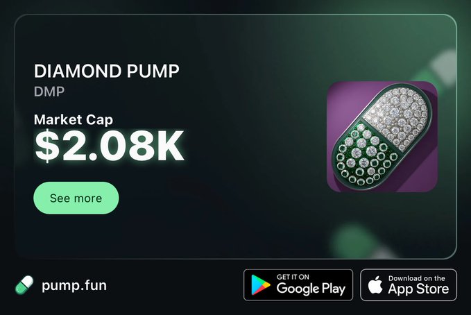 A pump.fun token listing for "DIAMOND PUMP" (DMP) with a market cap of $2.08K and a pill-shaped icon encrusted with diamonds.