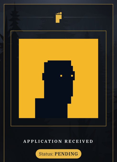 A minimalist yellow and black digital graphic featuring a pixelated silhouette with the text "APPLICATION RECEIVED" and "Status: PENDING".